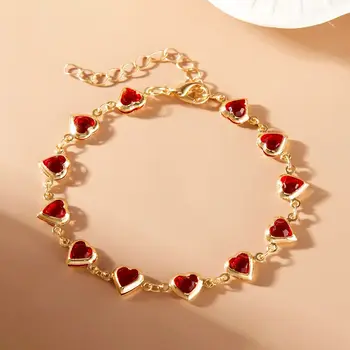 Elegante rote Kristall-Zirkon-Metallketten-Armbänder für Frauen, bunte Herz-Armbänder, Party, Hochzeit