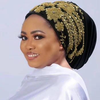 Afrikanische weibliche Wrap Kopf Motorhaube muslimischen Turban Hut Dame Kopf Wraps Glitter Lumineszenz Perlen
