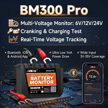 ANCEL BM300 Pro 6V/24V/12V Batterietester Batteriemonitor SOC Batteriezustandsanalysator für iOS und Android