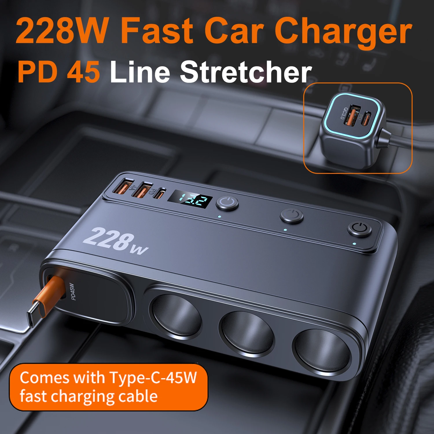 Auto-Mehrfachsteckdose 228 W, 9-in-1, mit USB-C PD und