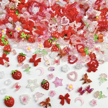 Zufällig Gemischte Erdbeere Blumen Nagel Charms Süße Harz Flatback Mond Nail art Dekoration (100 Stück)