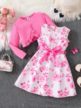 Kinderkleidung Mädchen Herbst Mode Lässiges Rosa Blumenkleid Set 2-teilig - Rosa Rundhals-Top + Rosa