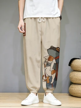Herrenbekleidung, japanische lange Hose, Vintage-Hose mit Frosch im Kimono und unglücklicher Katze