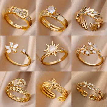 Luxus Zirkon Geometrische Ringe Für Frauen Edelstahl Gold Farbe Offenen Ring Trendy Hochzeit Party