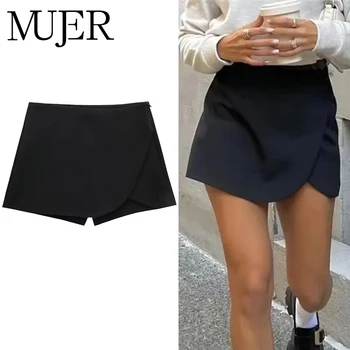 MUJER 2025 Schwarz Mini Rock Shorts Frau Mode Asymmetrische Skort Für Frauen Hohe Taille Kurze Röcke Frau