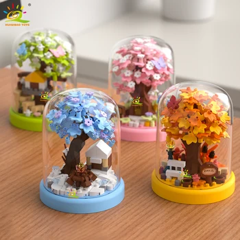 HUIQIBAO MOC Vier Jahreszeiten Mini Baumhaus mit Display Box Modell Micro Baustein Diamant Ziegel Spielzeug