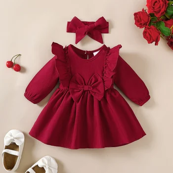 Herbstkleid für Babys, Mädchen, gerüschte Kanten und Schleife, langärmeliges Kleid + Stirnband für 0-18