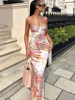 Suninheart Sommer-Partykleider mit Spaghettiträgern und Blumendruck, elegantes Maxi-Bodycon-Kleid