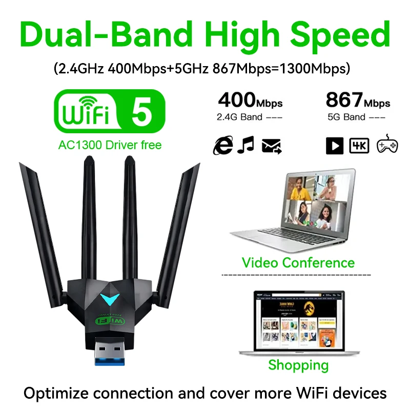 Dualband 1300 MBit/s WLAN-USB-Adapter 2,4g/5GHz WLAN-Dongle – Bild 2