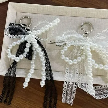 Niedlicher Spitzen-Schlüsselanhänger mit Schleife, weiß/schwarz, Taschenanhänger, Handykette, Paket-Zubehör