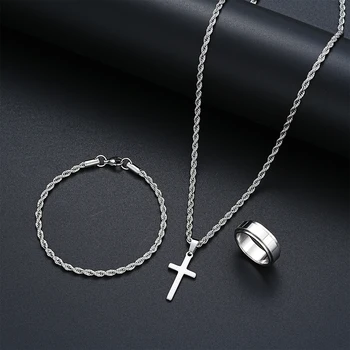 Edelstahl Einfache Schmuck-Set Für Männer Frauen Mode Silber Farbe Kreuz Anhänger Twisted Seil Halskette