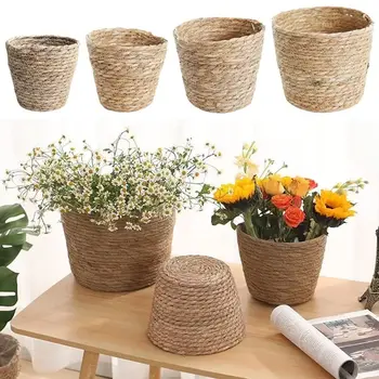 Pflanzer Korb Blumentopf Korb Rattan Stroh Gras Gewebt Blumentopf Mini/S/M/L Möbel dekoration Für Garten
