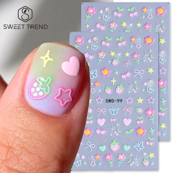 Süße Elemente Nail Art Aufkleber einfache Blume Herz Kirsche Erdbeere Kawaii Abziehbilder bunte (2 Stück)