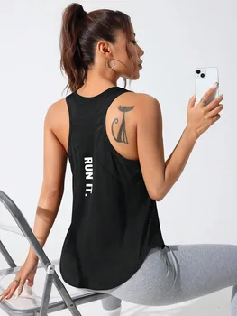 Damen-Sportweste mit genähten Buchstaben, schnell trocknend, atmungsaktive Netz-Yoga-Sportbekleidung