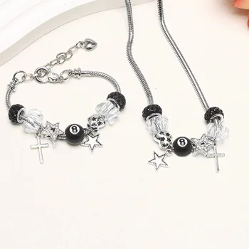 Schwarze Nr. 8 Kugel Leopard Herz Stern Kreuz Armband Halskette einzigartige modische süße vielseitige