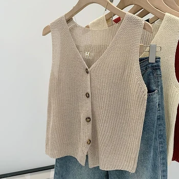 Sommer Koreanische Baumwolle Und Leinen Mode Lässig Einfarbig Lose V-ausschnitt Weste Für Frauen