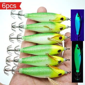 Egi-Set Horizontaler Tintenfisch-Jig Leuchtender Regenbogen-Tintenfisch-Jig UV-Glühköder (6 Stück)