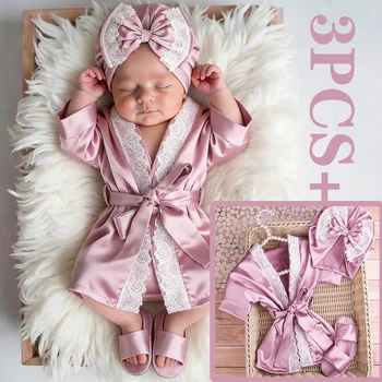 Neugeborenen-Fotografie-Outfit-Set für 1 Monat und 100 Tage, Baby-Mädchen Spitzen-Robe mit Schleife (3 Stück)