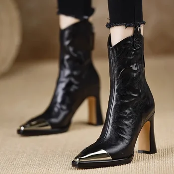 Metall Karree Stiefeletten für Frauen Mode Patent Leder frauen Schuhe Botas Mujer High Heels Schuhe Frauen
