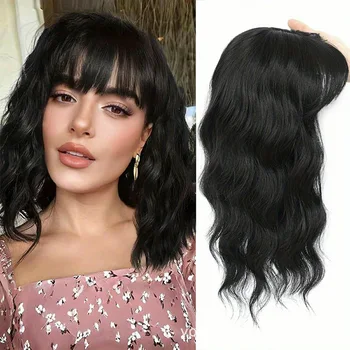 14 Zoll gewelltes Clip-in-Haarteil mit Pony, braunes synthetisches hitzebeständiges Haarteil