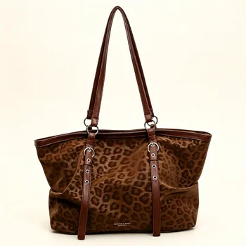 Leopard-Wildleder-Handtasche für Damen, große Kapazität, Retro-Schultertasche, Gürtelschnallendesign