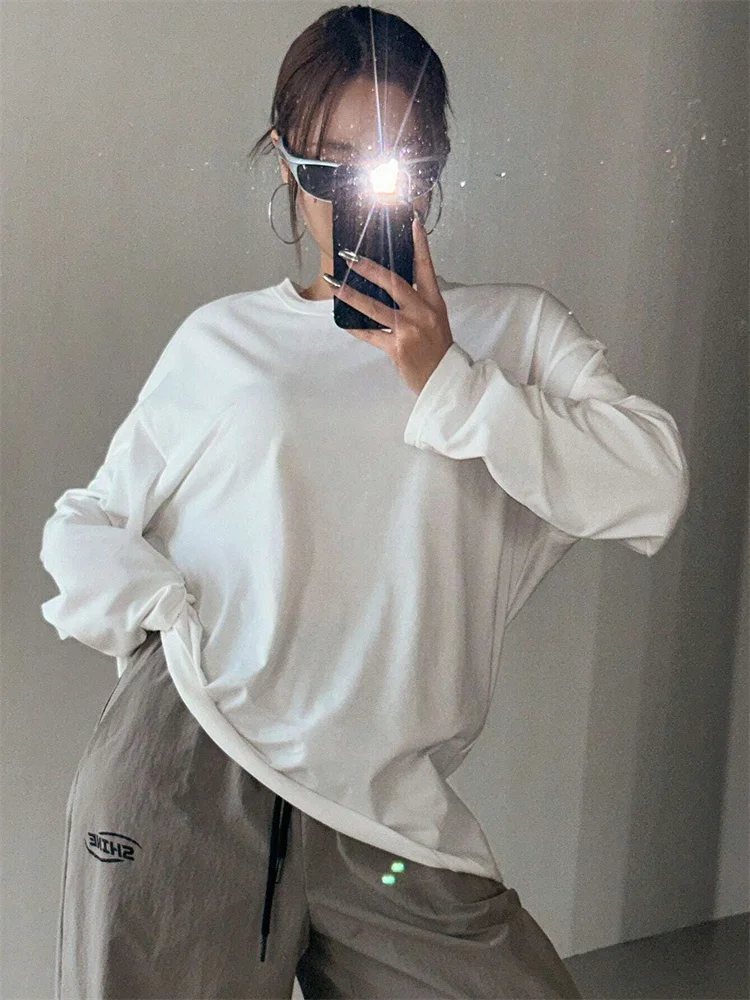 Frauen Grundlegende Lange Hülse Lose Oansatz T-shirt Herbst – Bild 5