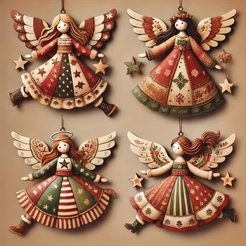 Vintage Engel Hängen Dekor Fantasie Holz Weihnachten Baum Hängen Ornament 2025 Navidad Decor (4 Stück)