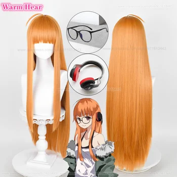 Spiel P5 Futaba Sakura Synthetische Cosplay Perücke Lange 85 cm Orange Glattes Haar Und Gläser Headset