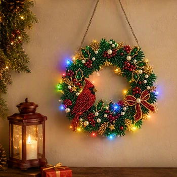 Speziell geformtes Diamant-Kunst-Weihnachtskranz-Set mit Leuchtlampen, Edelsteinen, PET-Leinwand, Hängekette
