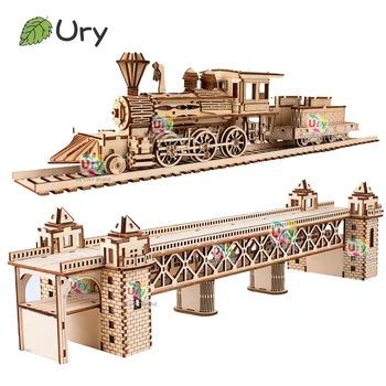 Ury 3D-Holzpuzzle, Retro-Dampfzug mit Gleis, Eisenbahnbrücke, handgefertigtes Montage-LKW-Modell