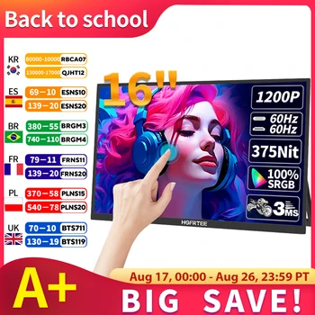 HGFRTEE 16 Zoll tragbarer Touch-Monitor 16:10 96 % sRGB 350 cd/m2 zweiter Bildschirm für Laptop