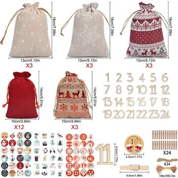 Weihnachts-Adventskalender-Taschen, 24-Tage-Countdown-Kalender, Sackleinen-Taschen, Kordelzug-Geschenktüten