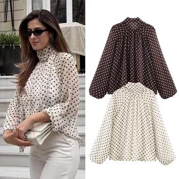 Frauen Polka Dot Print Bluse Casual Hohe Kragen Langarm Dame Top Einfache frauen Bluse Weibliche Shirts