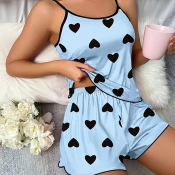Damen-Pyjama-Set, Pyjama, T-Shirts, Shorts, rosa, herzförmiger Druck, Rundhals-T-Shirt, Eisseiden-Oberteil