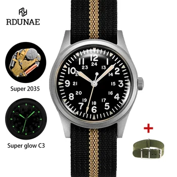 RDUNAE RA03 34,5 mm Militär Herren Vintage Quarzuhr G10 Miyota 2035 Uhren K1 Mineralglas Edelstahl Armbanduhr
