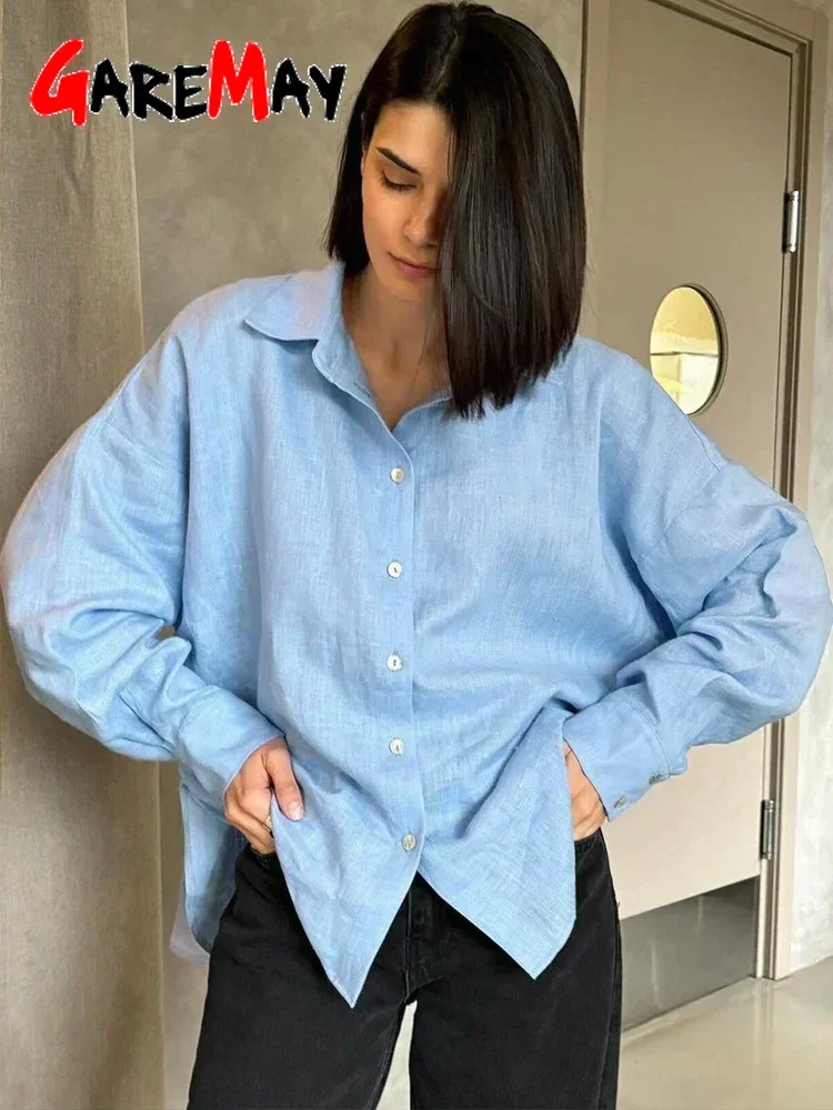 Weißes Damen-Leinenhemd, langärmelig, elegante rosa – Bild 3
