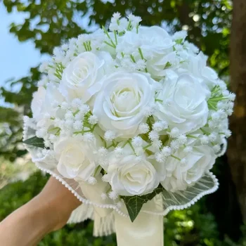 Hochzeitssträuße für die Braut Babysbreath Rose Brautjungfernsträuße Seidenband Valentinstag Dekoration