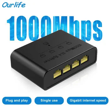 Ourlife RJ45 Netzwerk-Switch-Hub 1 In 4 Out Konverter 1000Mbps Gigabit Ethernet Switch-Hub Kabelverteiler PC