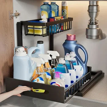 Unter der Spüle, ausziehbarer Schrank-Organizer, 2-stufiges ausziehbares Spülbecken-Regal