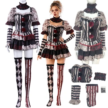 Damen Clown Cosplay Kostüm Zirkus Narrenkleid Halloween Party Auftrittsoutfit Rollenspiel Karneval