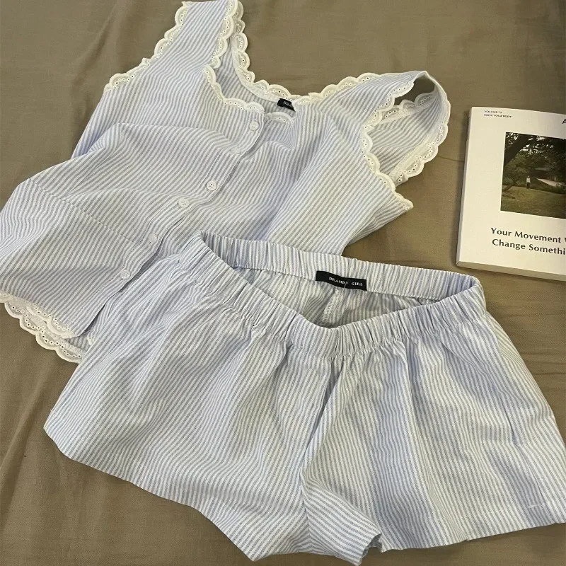 Gestreifte Frauen Pyjamas Sommer Nachtwäsche Ärmellose Shorts – Bild 3