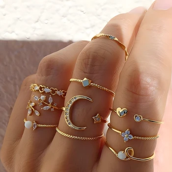 Ringe Anzug Für Frauen Gold-farbe Kette Ring Set Böhmischen Stil Münze Schlange Mond Sterne Party (10 Stück)