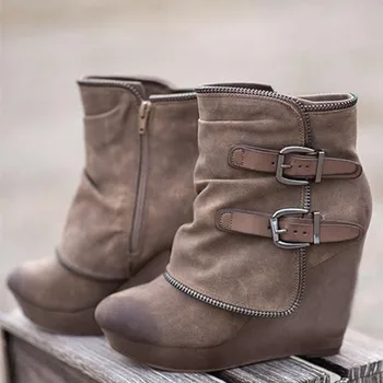 2025, neue Damenstiefel, Reißverschluss, Damen-High-Heels, Wildleder, modische Keilabsätze, langlebig