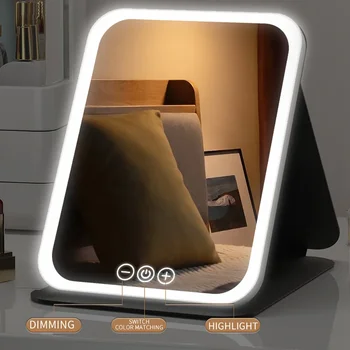 LED-dimmbarer Make-up-Spiegel, 3 Farben, Lichtmodi, Helligkeit anpassen, USB-Aufladung, Klappspiegel