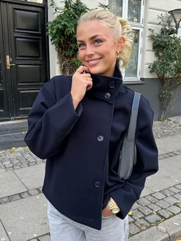Solide zweireihige Frauen Woll mantel Revers Langarm Tasche weibliche kurze Blazer Jacke schicke Herbst Winter