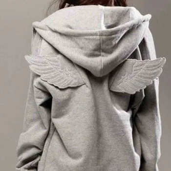 Damen Grauer Engelsflügel Bestickter Hoodie Niedlicher Kawaii Pullover Sweatshirt Flügel-Dekoration Rücken Y2K