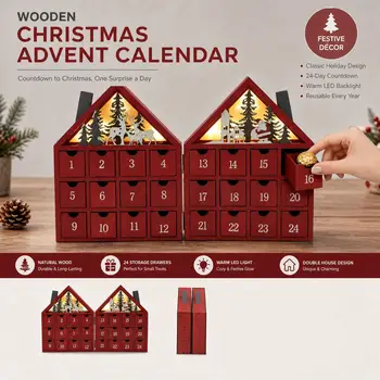 Weihnachts-Holzkalender Adventskalender als Partygeschenk mit 24 Füllschubladen LED-Weihnachts-Countdown-Haus