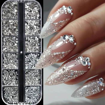 12 Gitter Silberne Flache Strass-Nageldekorationen Glänzende Kristall-Diamant-Pailletten für Nägel Geeignet