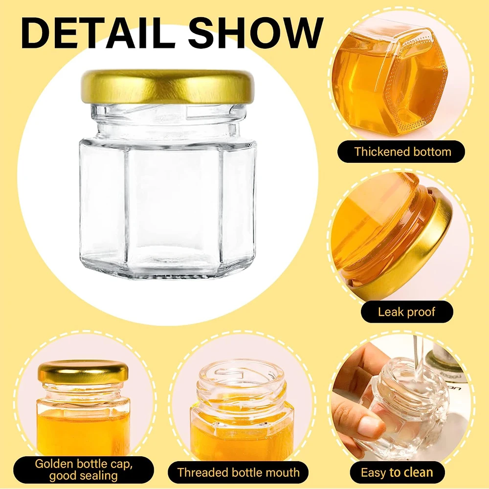 1,5 oz sechseckige Mini-Glas-Honiggläser mit Holzspatel – Bild 4