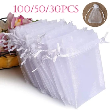 Weiß Organza Beutel Schmuck Verpackung Hochzeit Party Geschenk Taschen Kordelzug Süßigkeiten Beutel